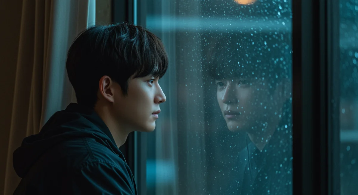K-drama character looking sadly out a window on a rainy day.