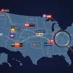 Digital map of US highlighting regional streaming content access