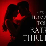 Couple embracing passionately with a mysterious, shadowy figure in the background, symbolizing romance and thriller elements.