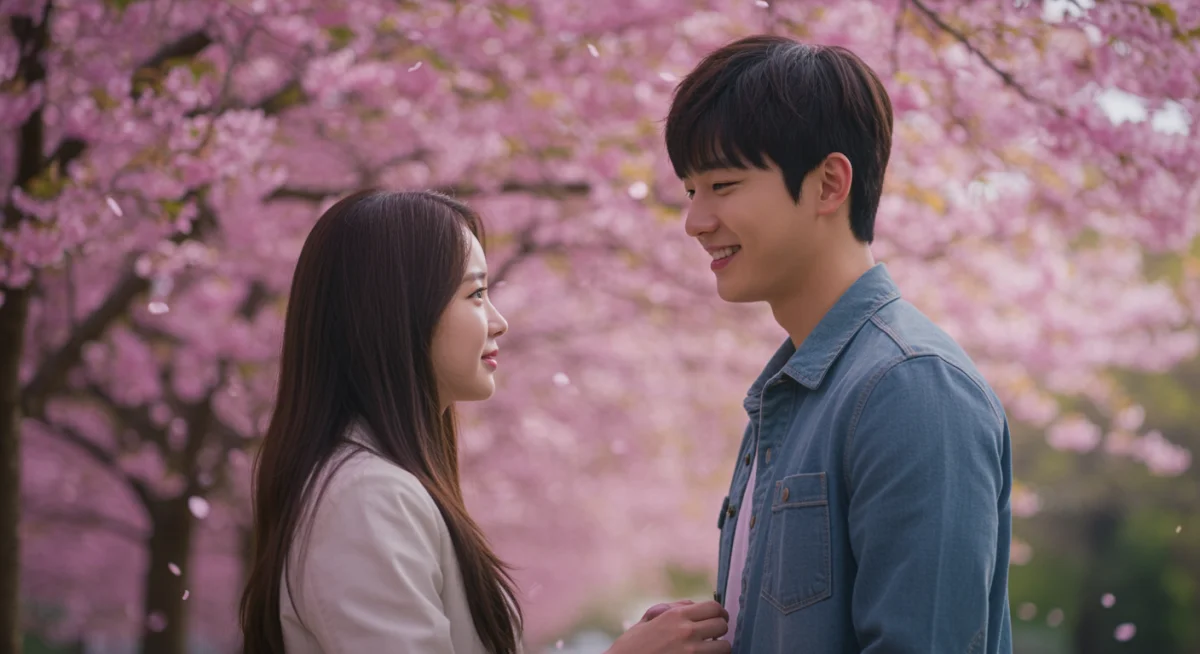 Romantic K-drama scene under cherry blossom trees, highlighting emotional depth and visual appeal.