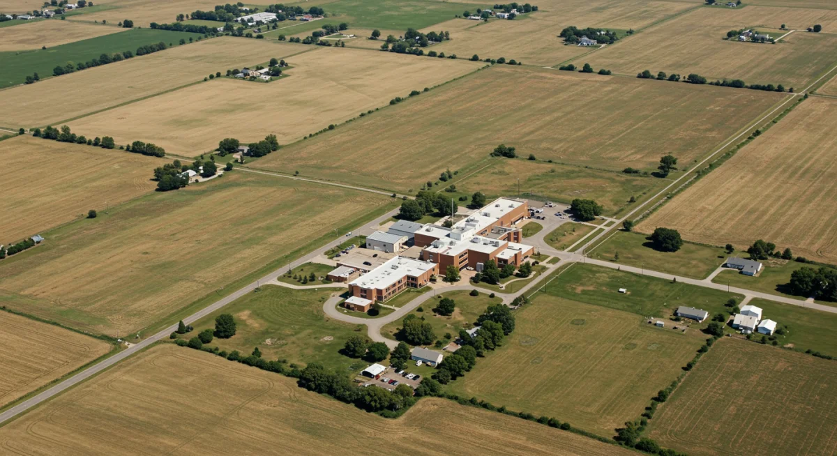 Aerial view of a rural town and its medical center