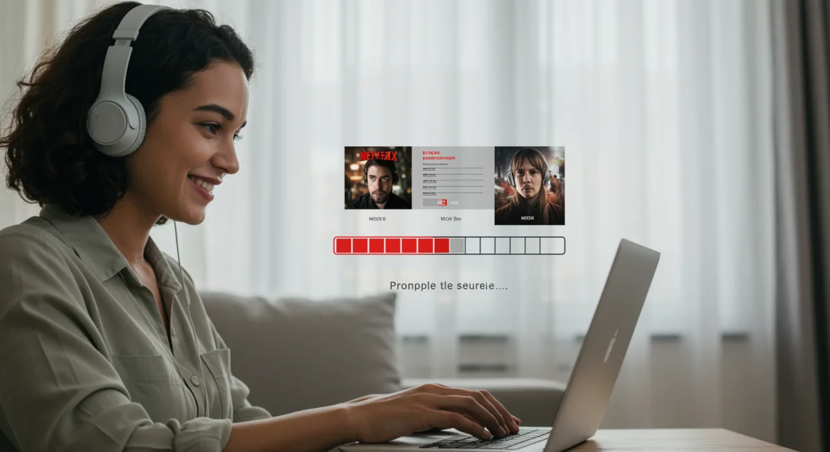 Satisfied viewer completing a short drama series on a laptop.