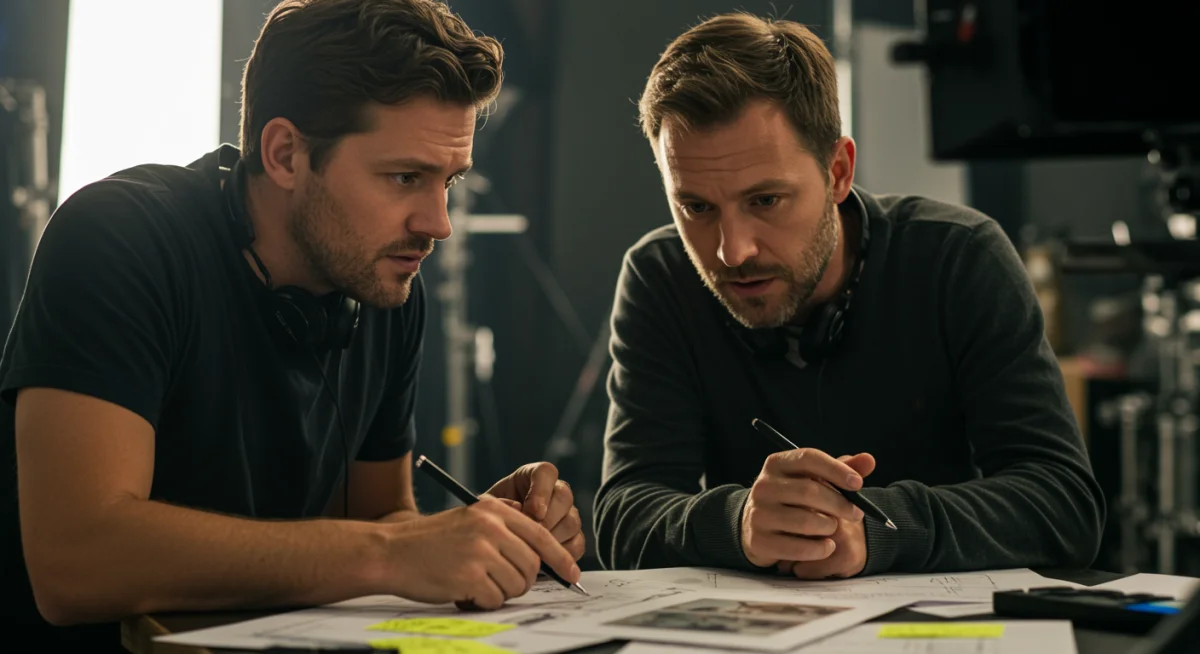 Director and screenwriter collaborating on City of Shadows script development on set.