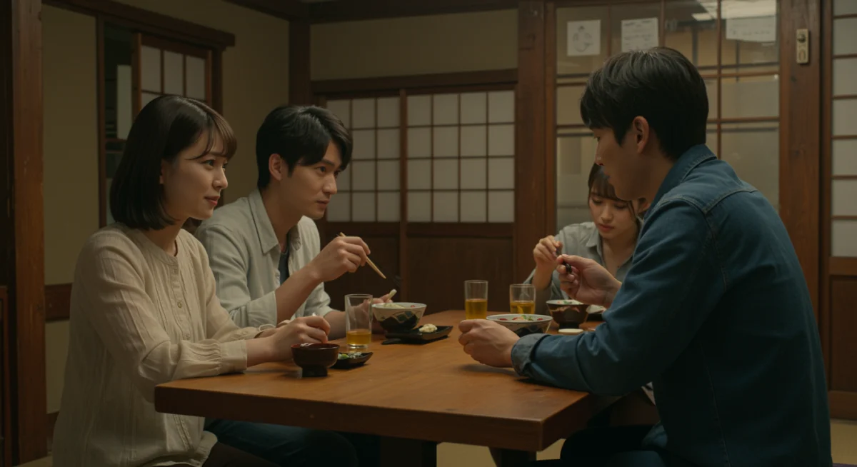 Friends sharing a meal in a cozy traditional Japanese restaurant, embodying slice-of-life drama.
