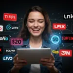 Smart streaming choices: person enjoying content on a tablet with various streaming logos and a budget-friendly graph.