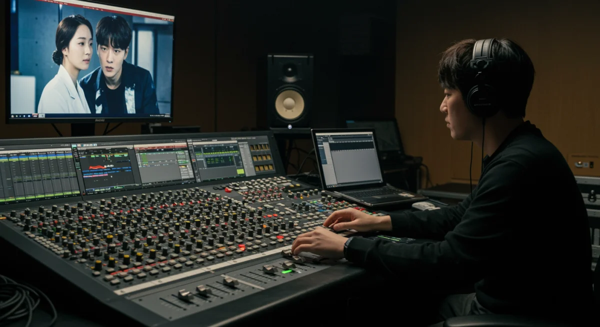 Sound engineer at a mixing console, fine-tuning audio for a K-drama, showcasing the technical artistry of sound design.