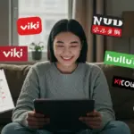 Woman enjoying dramas on tablet with streaming app logos, calendar marked for free trials