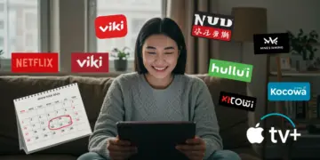 Woman enjoying dramas on tablet with streaming app logos, calendar marked for free trials