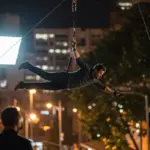 Stunt double suspended mid-air during a complex action scene shoot.