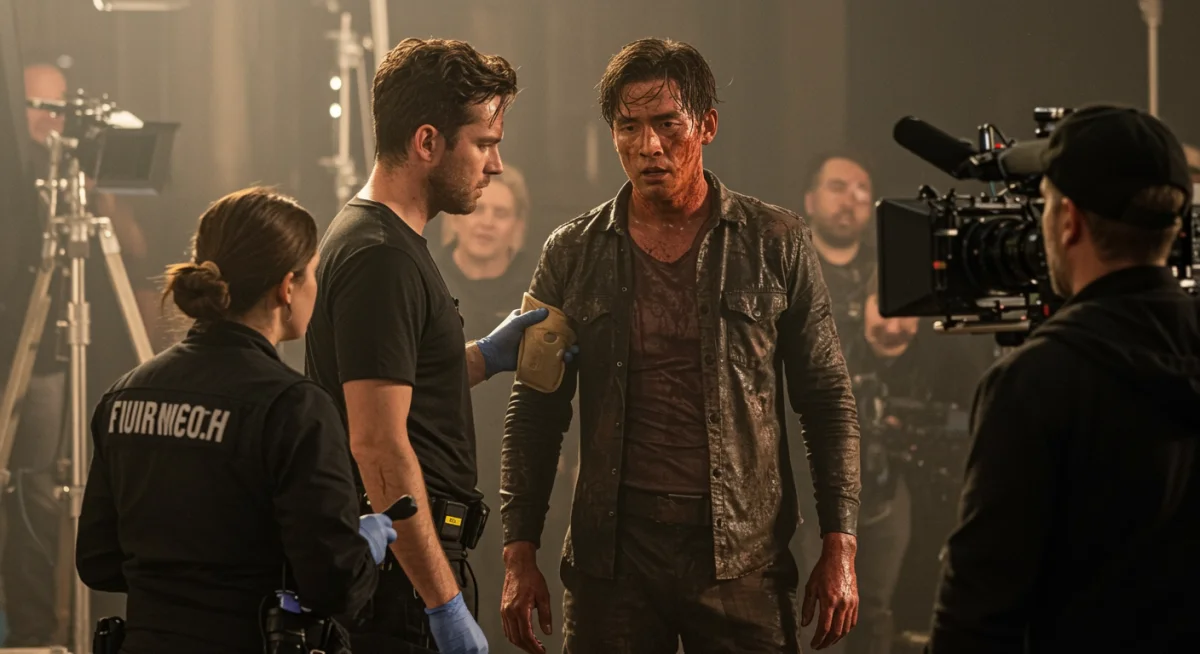 Stunt double receiving medical attention after a demanding fight scene.