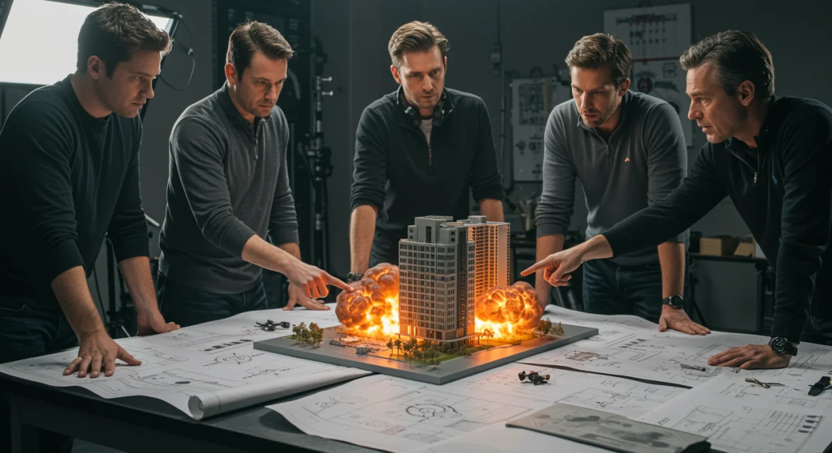 Stunt team planning an explosion sequence with a miniature model.