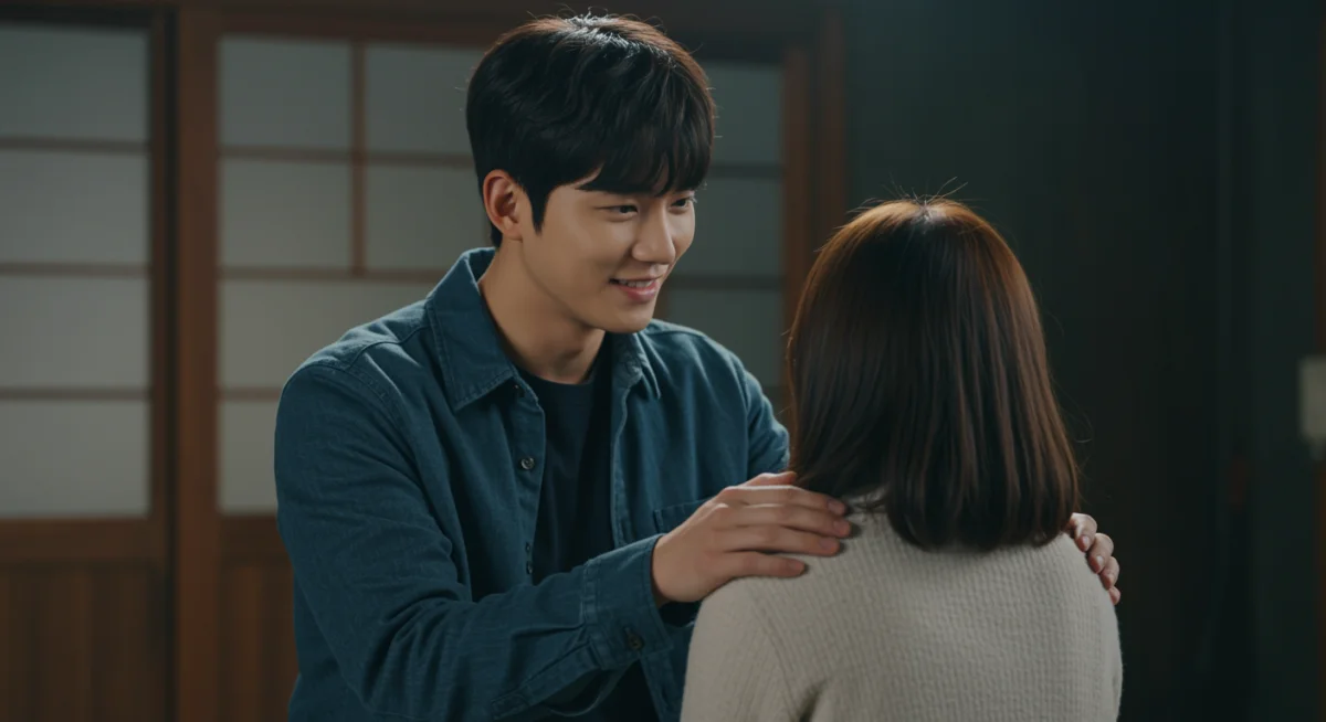 Supportive second male lead comforting the female protagonist in a poignant drama scene.