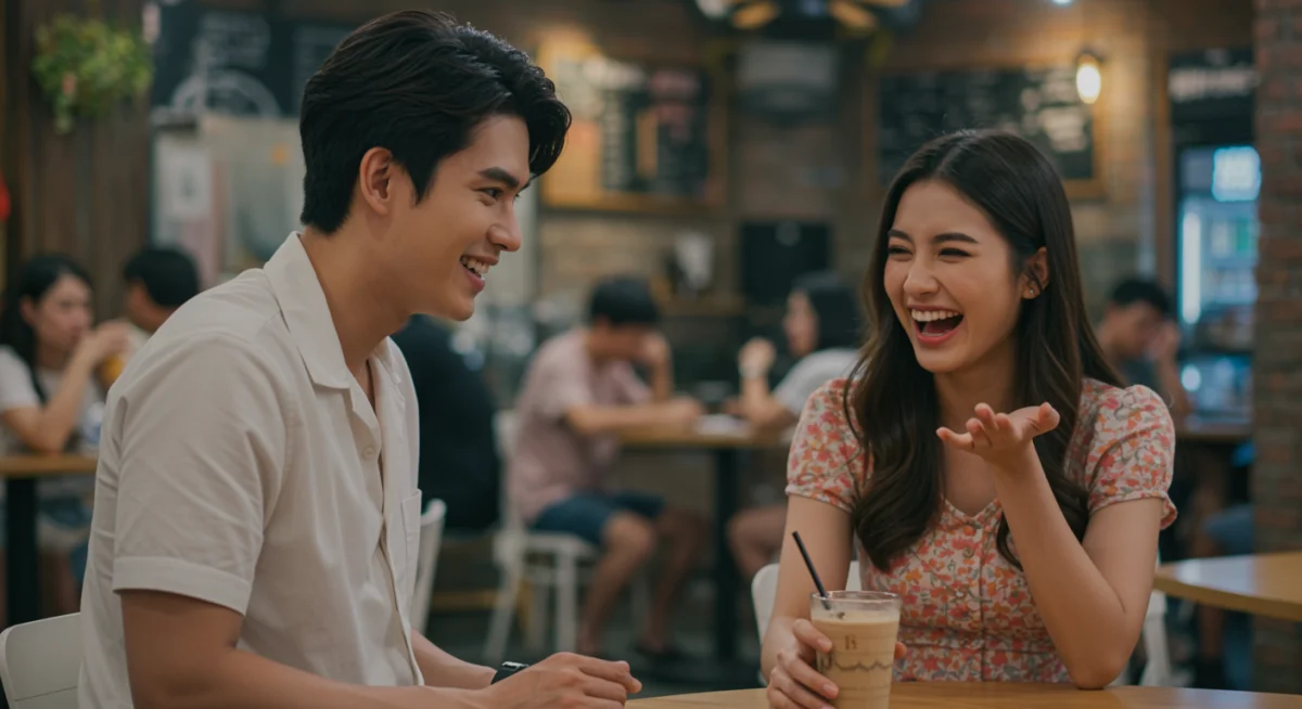 Lead characters from a 2026 Thai rom-com laughing in a cafe, showcasing playful chemistry.