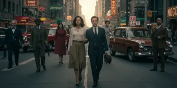 Diverse characters from various time periods interacting in a bustling city, representing time-travel drama popularity.