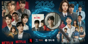 Futuristic collage showing diverse dorama genres and streaming logos for discovering new series.