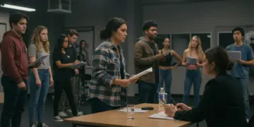 Aspiring actors auditioning for a US drama production in 2026, showcasing diverse talent and intense focus.