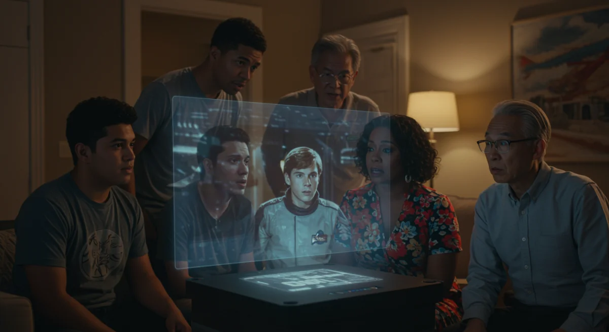 US viewers discussing 'The Last Starfighter' on a holographic screen, animated expressions.