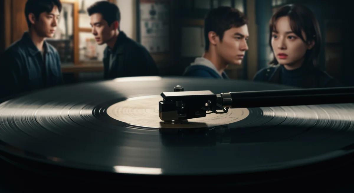Vinyl record playing with blurred drama scenes in the background, symbolizing the enduring appeal of drama soundtracks.