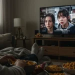 Person relaxing on a couch watching a short drama on TV during a weekend