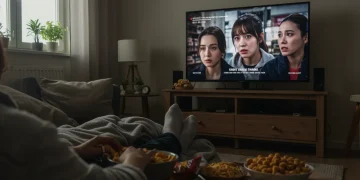 Person relaxing on a couch watching a short drama on TV during a weekend