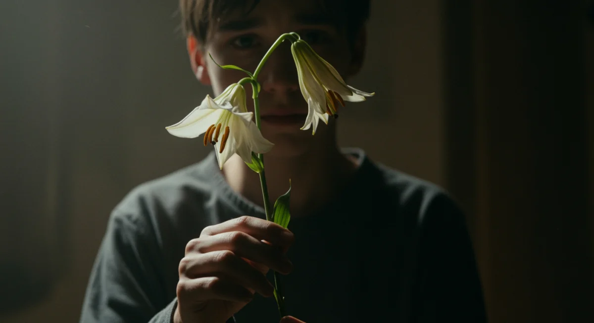 Character holding a wilting white lily, symbolizing lost innocence